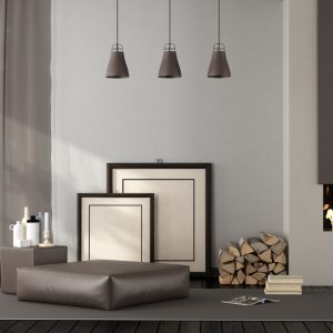 Living room with fireplace and footstool on carpet - 3d rendering